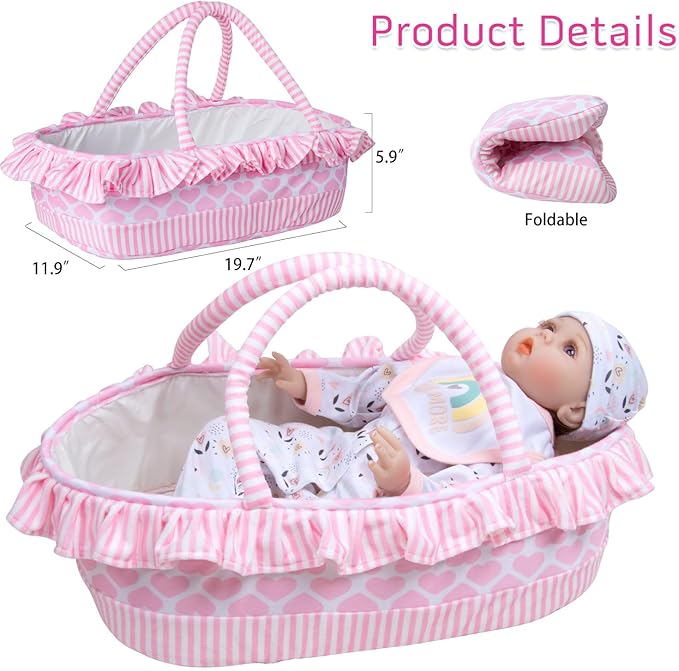 13 Pcs Baby Doll Accessories Set for 17-22 Inch Girl Baby Dolls, Reborn Baby Doll Clothes with Heart Bassinet Pink Basket Newborn Doll Outfits Kids Pretend Play Set