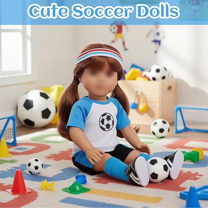 18 inch Doll Clothes, Soccer Uniform Doll Outfit & Accessories Set, Includes Shirt Shorts Socks Headband Shoes Football Key Ring, Sport Doll Clothes Fits 18" Dolls