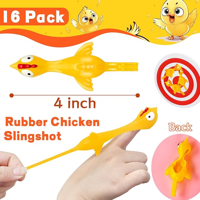 16Pack Finger Slingshot Chicken Rubber,Flying Stretchy Flick Stretchable Chickens Fingers for Gag Gift Birthday Christmas Halloween Party Favors Supplies Yellow