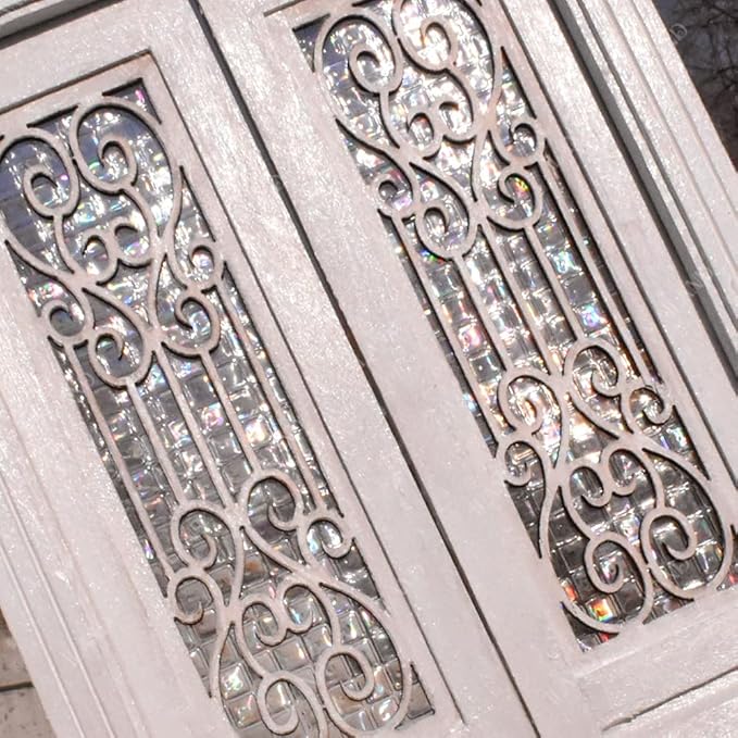 iLAND Dollhouse Door on 1:12 Scale, Dollhouse Accessories of Miniature Gate w/Carved Pattern & 3D Lattice Panes Reflecting Rainbow Light & Golden Handles