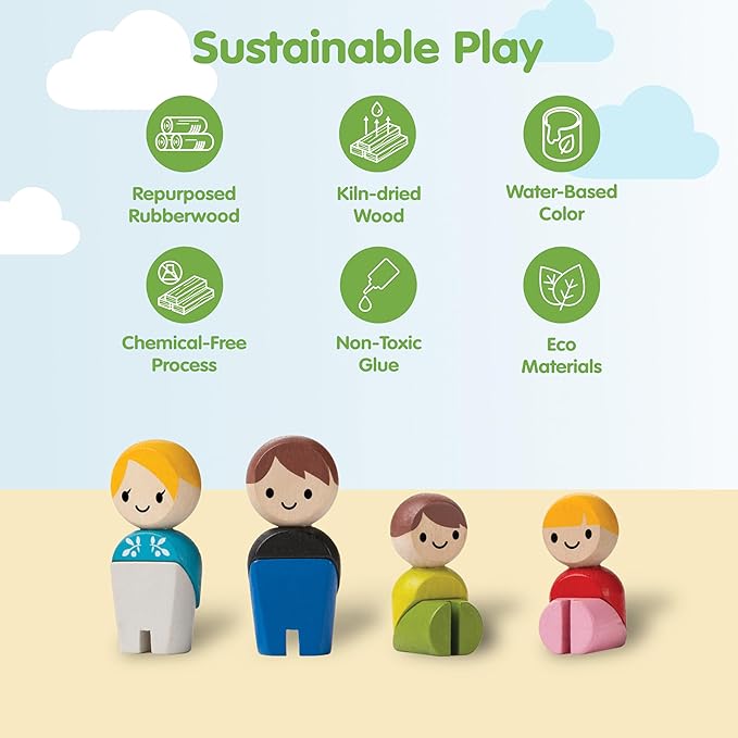 PlanToys® Family Wooden Dollhouse Figurine Set | 4 Poseable 1:12 Scale Mini Dolls (Parents & Kids) | Dollhouse Accessories for Pretend Play | Eco-Friendly Montessori Toy for Kids Ages 3+