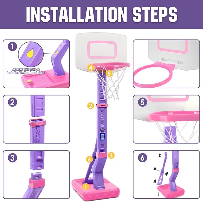 SUPER JOY Toddler Pink Basketball Hoop for Kids 1-3,2-4 5 Years Old, Adjustable Mini Hoop Set for Indoor Outdoor Play, Portable Basketball Goal Balls Sports Toys for Little Boys Girls Birthday Gifts