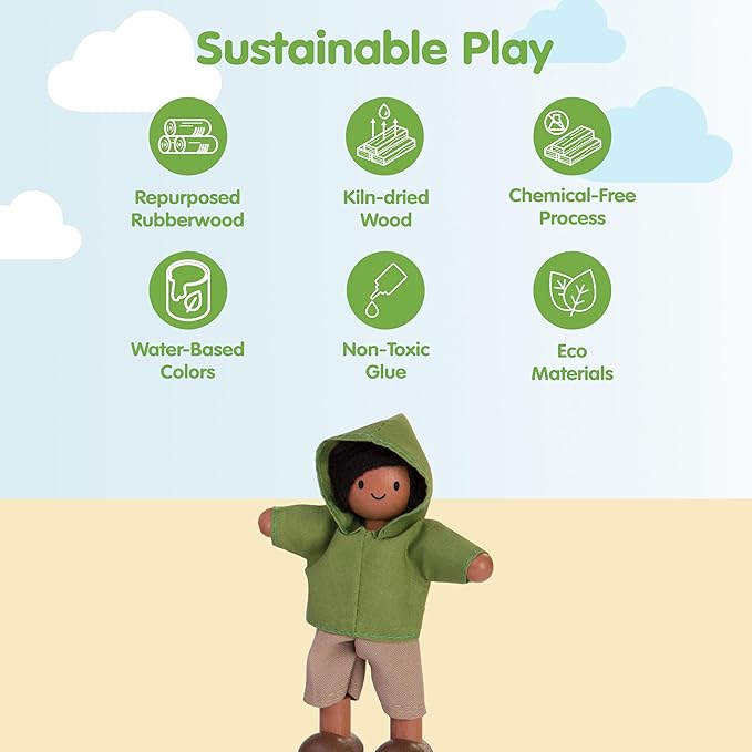 PlanToys® Boy Wooden Dollhouse Figurine | Poseable 1:12 Scale Mini Doll (4 Inch) | Dollhouse Accessories for Pretend Play | Eco-Friendly Montessori Toy for Kids Ages 3+
