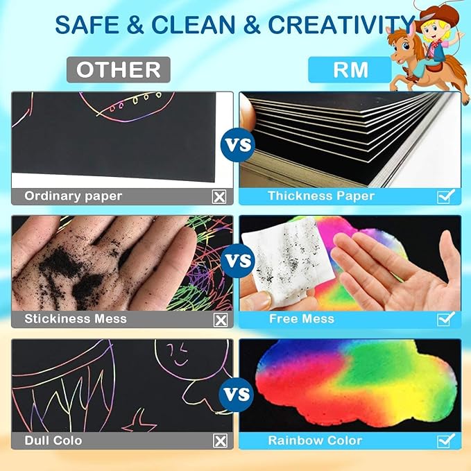RMJOY Rainbow Scratch Paper Art for Kids: 50PCS Magic Arts Crafts Gifts Toys for Girls Boys Ages 3-12 Games Activities for Birthday Party Family Day Classroom Prizes Easter Basket Stuffers(Boys)