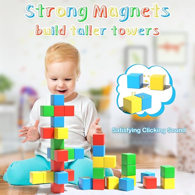 Magnetic Blocks Large, 56PCS 1.34in Magnetic Building Blocks, 3D Magnetic Cubes for Toddlers, Preschool Educational Construction Kit, Sensory Montessori Toys Kids Blocks for Boys Girls Toddlers