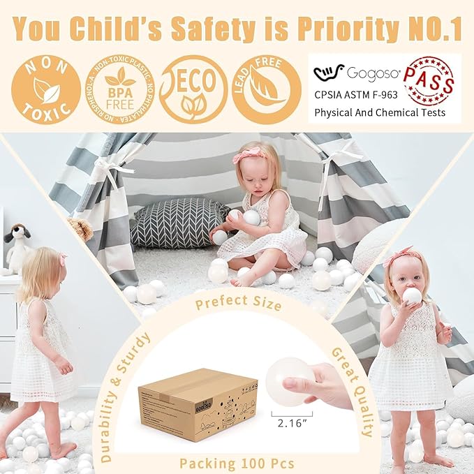 GOGOSO Ball Pit Balls for Toddler, Baby Plastic Playballs Kids Soft Pastel Pelotas Non-Toxic BPA-Free 2green+White+Gold,100 Balls