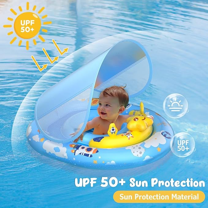 WayEee Baby Pool Float with UPF50+ Canopy - Inflatable Swim Float, Adjustable Safety Seat, Toy Play Console, Sun Protection for Baby 6-36 Months, Infant, Todder Summer Gift, Pool, Bathtub, Beach