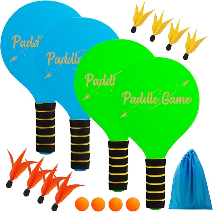 Paddle Ball Set, Outdoor Games for Adults and Family, Badminton Sets for Backyards Yard Game with 4 Rackets 4 Balls 8 Birdies, Beach Toys Pool Lawn Outside Park Camping Family Games Gifts