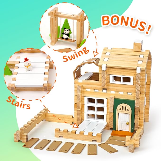 Jovi-mindly＆Notchies Building Blocks Set Wooden Blocks Toys (107 pcs) with Storage Bag, Educational Classic Wooden Blocks for Toddlers Ages 3+ Boys and Girls Aged Easter Gift (with Printed Manual)