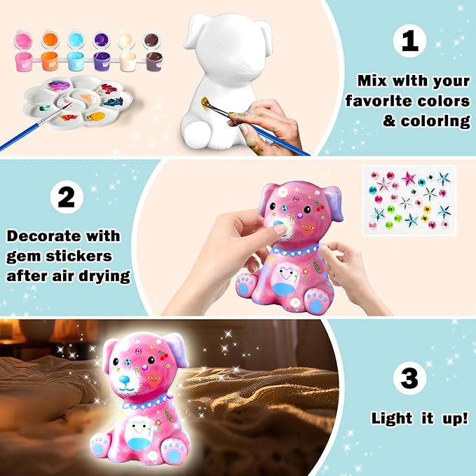 FUNZBO Paint Your Own Dog Lamp Kits - Easter Basket Stuffers, Arts and Crafts Supplies Puppy Painting for Kids Teens, DIY Night Light Dog Toy for Girls Boys Age 3 4 5 6 7 8 9 10 11 12 13 Birthday Gift