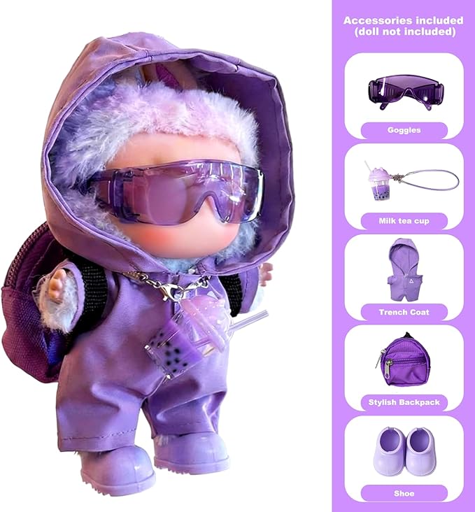 Doll Clothes for LABUBU – Purple Windbreaker 4-Piece Outfit Set | Adorable 17cm Doll Clothes with Hooded Jacket, Glasses, Bag & Shoes | Complete Fashion Accessory Set (Doll Not Included)