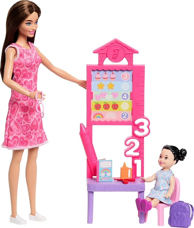 Barbie Careers Teacher Playset with Fashion Doll Wearing Removable Dress, Toddler Small Doll, Classroom Board & Accessories