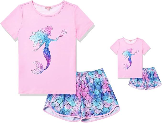 QPANCY Matching Girls & Dolls Pajamas Unicorn Pj Sets Summer Cotton Sleepwear