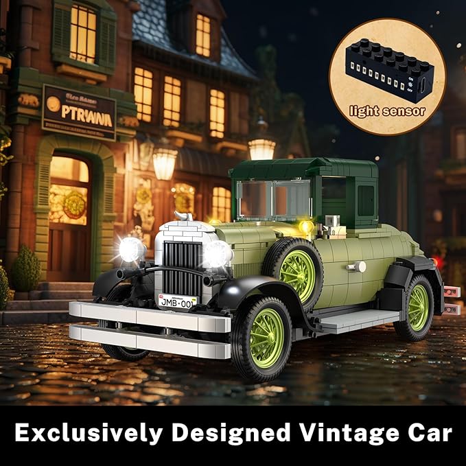 JMBricklayer Vintage Cars Building Sets for Adults with Lights 50001, Classic Retro Model Car Kits, Antique Cars Collectible Display Decorations, Building Toys Gifts for Men Women Boys Girls(1297 PCS)