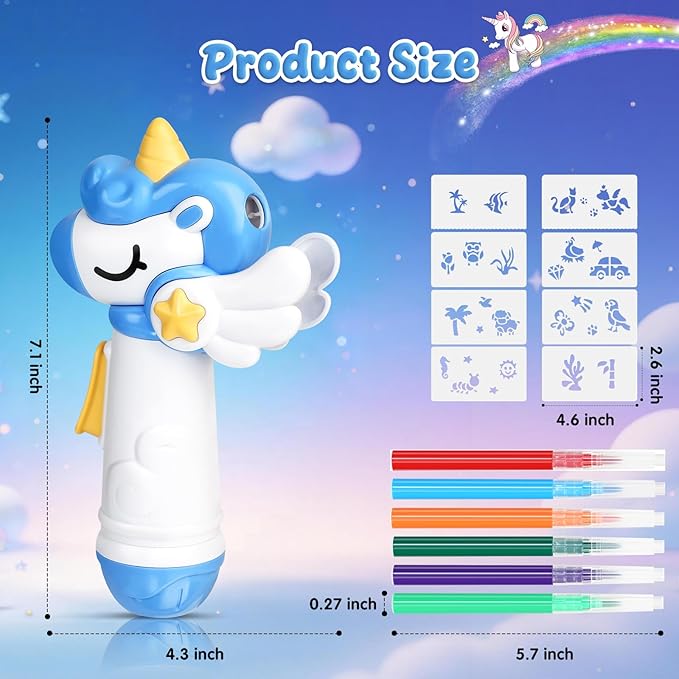 Unicorn Toys Air Brush Marker Sprayer Set, Art Supplies Kit, Art and Crafts for Kids Ages 8-12, 4 5 6 7 8 9 10 11 12 Year Old Girl Birthday Gifts, Includes 5 Washable Markers 8 Stencils