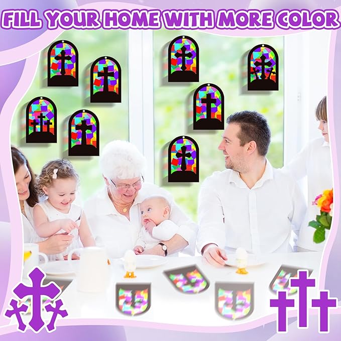 QOUBAI 32 Sets Cross Suncatchers Craft Kit DIY Religious Window Stained Glass Effect Christian VBS Paper Hanging Ornament Kid Easter Sunday School Birthday Gift Creative Art Project Activity Game
