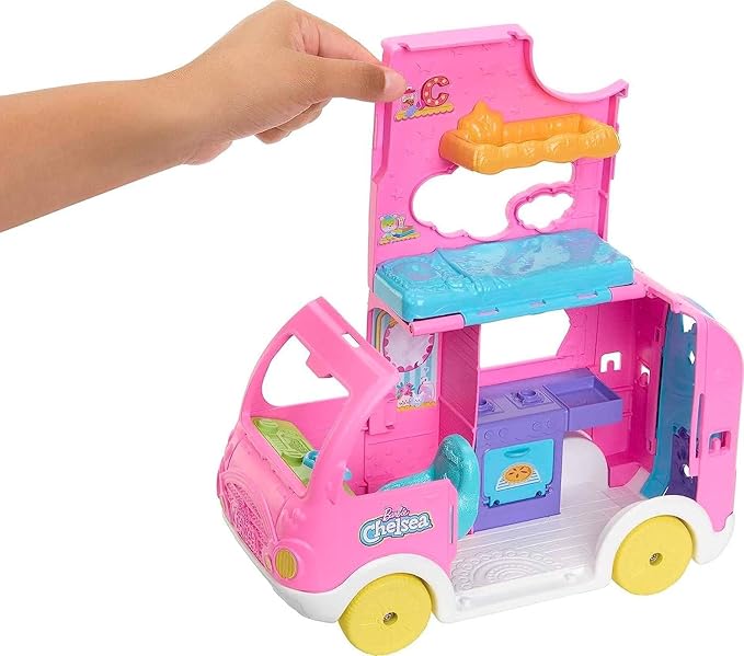 Barbie Camper, Chelsea 2-in-1 Playset with Small Doll, 2 Pets & 15 Accessories, Vehicle Transforms into Camp Site (Amazon Exclusive)