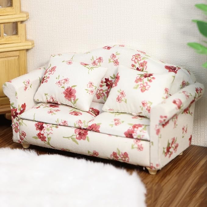 Dollhouse Couch Miniature Sofa with Pillows Dollhouse Living Room Funiture 1:12 Model 3 Pcs High Simulation Upholstered Armchair Mini Room Artificial House Scene Decoration (White Floral)