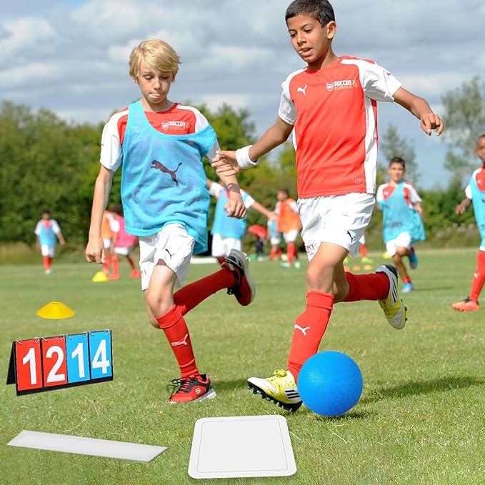 Huaerle 18 Pcs Sports Kickball Set Includes 2 Playground Ball with Air Pump 4 Rubber Throw Down Bases 10 Foul Line Cones and a Flip Scoreboard for Boys Girls Adults Playground School Backyard