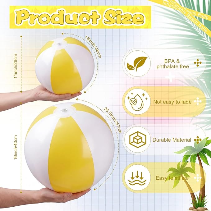 5 Pcs Inflatable Beach Balls 24 & 16 Inch Pastel PVC Large Beach Balls Bulk Blow up Pool Water Game Toy for Kid Adult Birthday Luau Summer Pool Party Favors Decorations(Yellow)