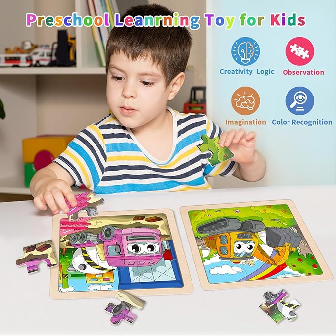 Wooden Puzzles for Toddlers, 8 Pack Vehicle Car Construction Jigsaw Puzzles for Kids Ages 3-5, 9 Pieces Puzzles for Kids Ages 4-6 Preschool Learning Activities, Educational Toys Gift for Boys