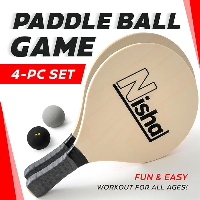 Nisha - Paddle Ball Set, Complete Set with 2 Pro Balls, 2 Rackets and Paddle Grips, Interactive Indoor, Outdoor and Beach Game, Comes in a Durable Plastic Case
