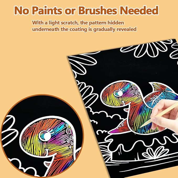 JUNQIU Scratch Art for Kids, Rainbow Scratch Paper Art Set - Dinosaurs, Arts and Crafts for Girls Boys Ages 4-8, Activity & Christmas Crafts, Stocking Stuffers for Kids