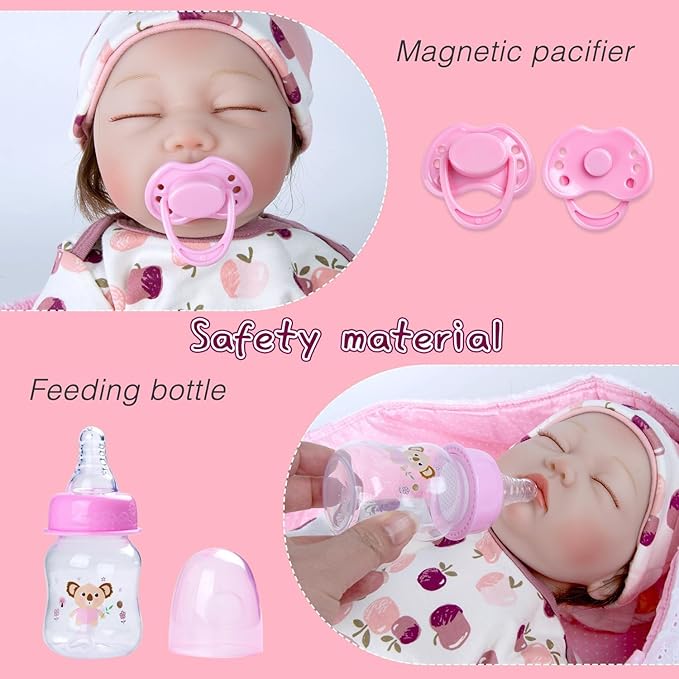 9 Pcs Reborn Baby Doll Accessories Pink Clothing Set with Bassinet for 17-22 Inch Reborn Baby Dolls Clothes Girl Cute Apple Patterns