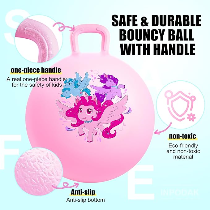 INPODAK Hopper Ball, Unicorn Bouncy Ball with Handle for Kids, 18 Inch Hippity Hop Jumping Bouncer, Pink Hopping Toy for Boys and Girls Ages 3-6 with Pump and Gift Box for Birthday