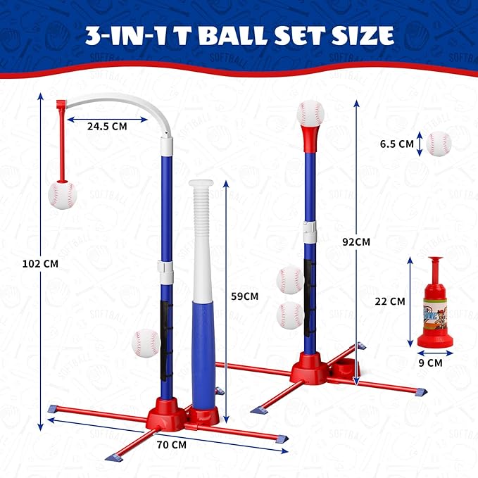 3-in-1 T Ball Set for Kids 3-5, Adjustable Baseball Tee with Auto Ball Launcher, Hanging Stand & 4 Balls, Indoor/Outdoor Sports Toys Gifts for Boys Girls Ages 5-8