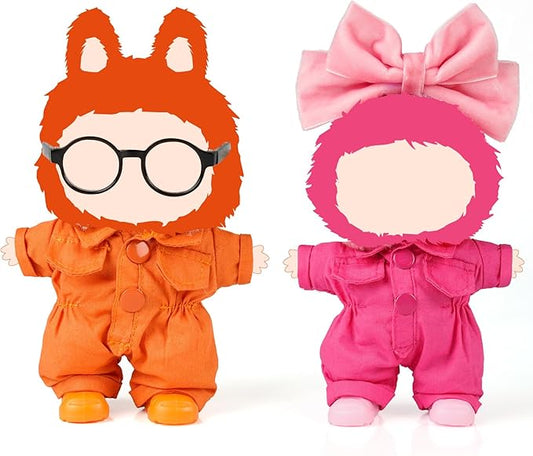 2 Set 17cm Doll Clothes Accessories,Doll Outfits for 17CM/6.7inch- Pink Butterfly hairbow+Glasses+Pink & Orange Overalls+Shoes