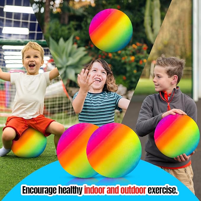 New Bounce Playground Balls for Kids - Set of 2 Rainbow Colored Rubber Bouncing Kick Balls Plus Pump - Regulation Size for Dodgeball and More - Durable, Inflatable 8.5" Game Ball