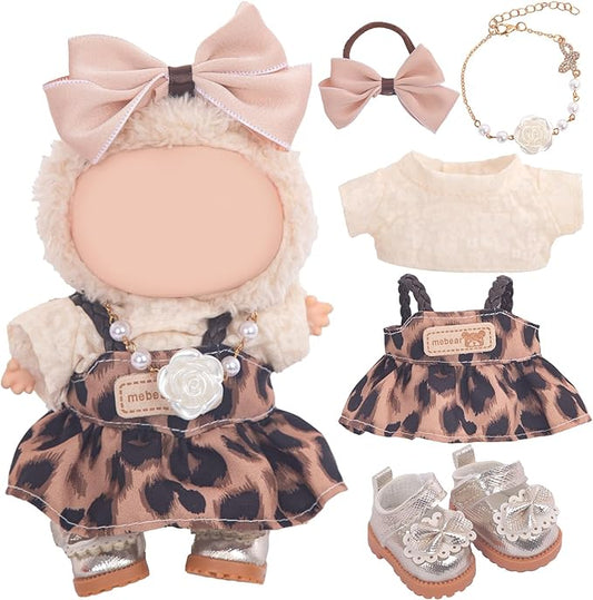 Used for Labubu Doll Outfit Clothes Designer Set,Compatible with Labubu Clothe Accessories for Doll (Brown - Leopard Print Dress)