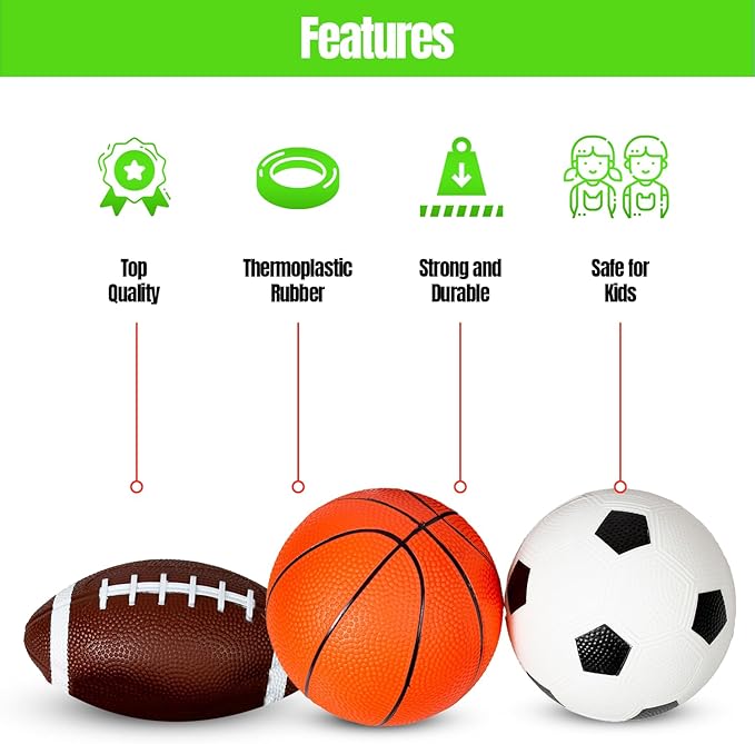 New Bounce Soft Sports Balls for Toddlers - Set of 3 5" Balls; Basketball, Football, and Soccer - Outdoor Playground Mini PVC Balls