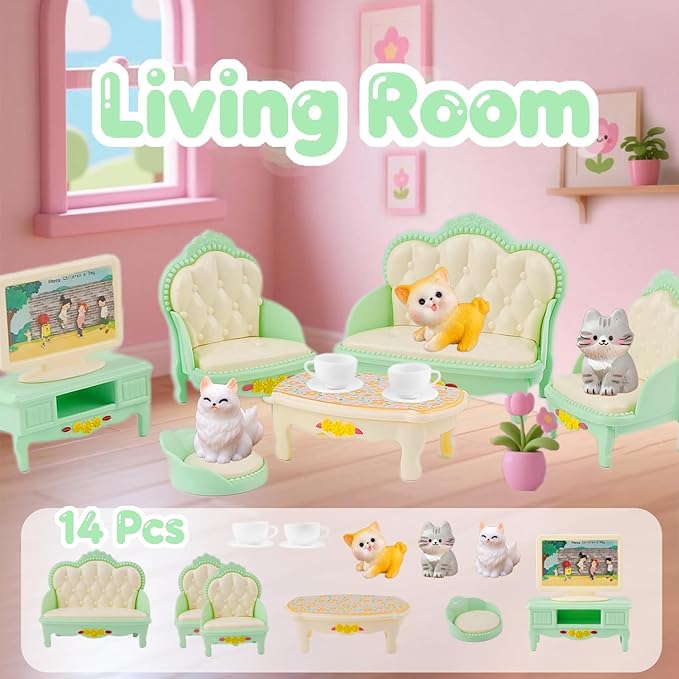46Pcs Dollhouse Furniture Accessories Set Mini House Furniture Small Dollhouse Miniature Furniture Pretend Play House 1:12 Kitchen Bedroom Livingroom Bathroom Tiny Toy Boy Girl Kid Toddler (C Set)