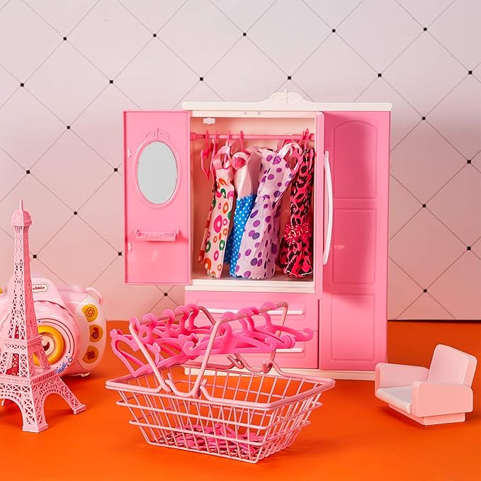 Doll Closet Furniture Wardrobe Clothing Organizer Doll Open Wardrobe Dollhouse Closet with 20 Pieces Hangers 2 Style Pink Plastic Hangers Dollhouse Furniture Accessories(Classic Style)
