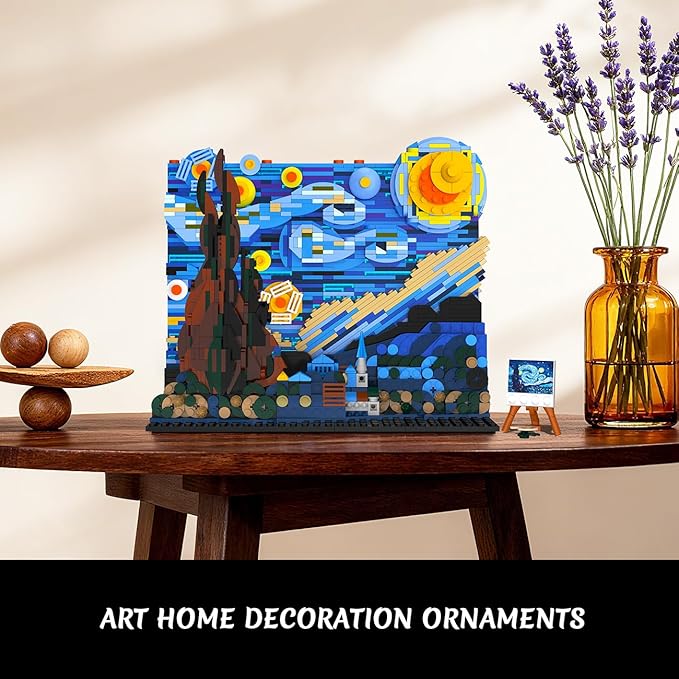 The Starry Night Building Set with LED Lights - 1501PCS Artwork 3.6MM Mini Blocks Building Sets for Adults, Famous Paintings Architecture Projects Home Art Decor Easter Gift for Men Women