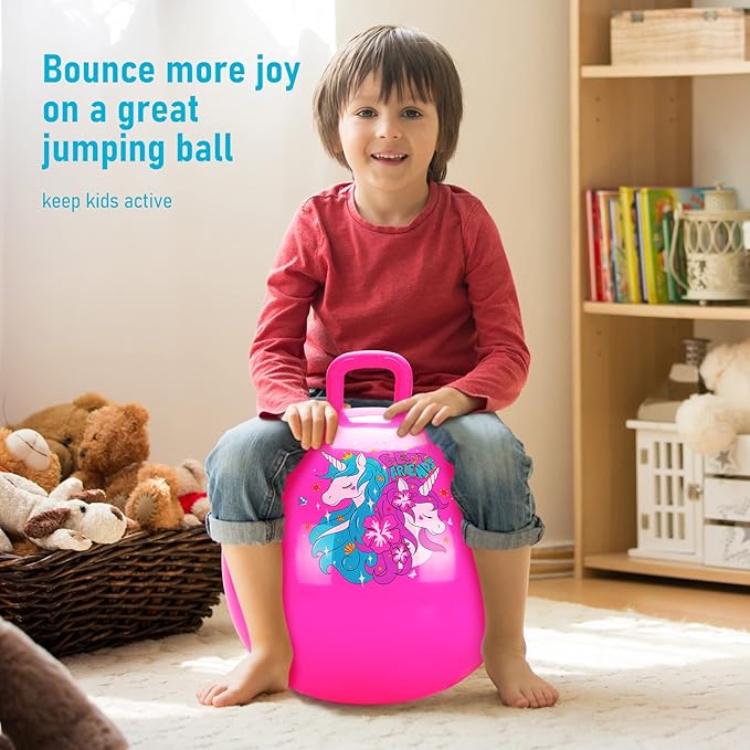 U&C Planet Hopper Ball 18 inches Bouncy Ball with Handle for Kids Age 3-6, Sit on Bounce Jumping Hopping Toy with Pump, Great Toddler Girls Toys for Birthday Gifts, Pink Unicorn
