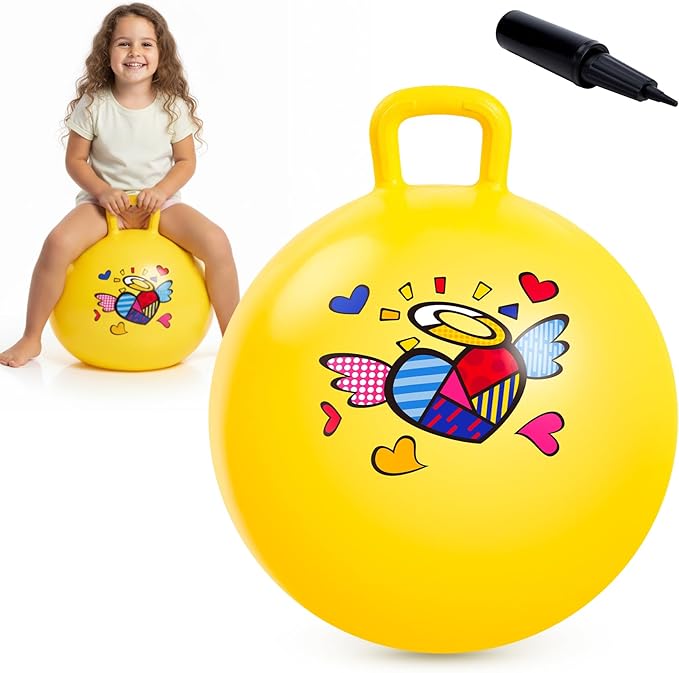 EVERICH TOY Hopper Ball for Kids, 18In Ride On Bouncy Ball with Handle, Yellow Heart Girls Toys for Indoor Outdoor Active Play Toys Easter Basket Stuffers Girls Boys Gifts for 4 5 6 7 8 Yr Old