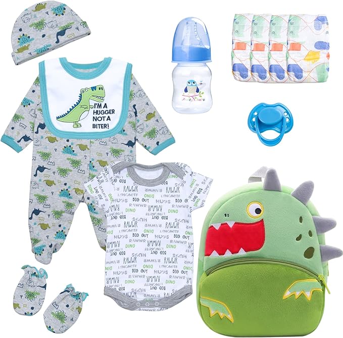 12 Pcs Reborn Baby Doll Clothes Accessories for 17-22 Inch Toddler Doll Boy Dinosaur Outfits with Backpack Diapers Reborn Baby Accessories Green Babydoll Clothes