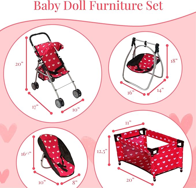 Deluxe Baby Doll Stroller with Crib Furniture Playset, Multi Baby Doll Accessories Set for 18" Dolls, Includes Doll Stroller Swing and Doll Bed Pretend Play for All Dolls - Pink
