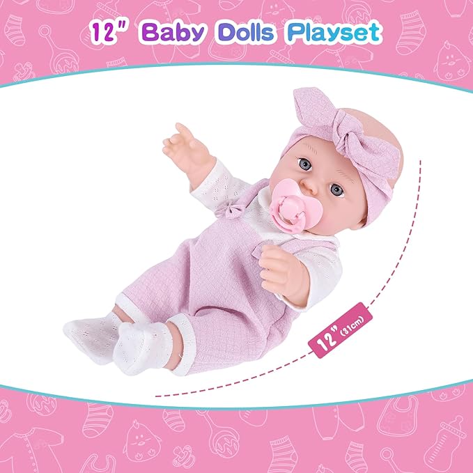 BDDOLL 12'' Baby Doll Playset with Clothes and Dolls Carrier Accessories Included Baby Carrier, Bottles, Nipple, Socks, Headbands