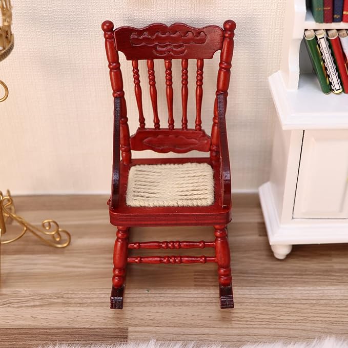 Dollhouse Miniature Rocking Chair 1:12 Scale Wooden Furniture Accessories Tiny Mini House Home Outdoor Decoration Model Living Room Scene Christmas Craft Displays (Red)