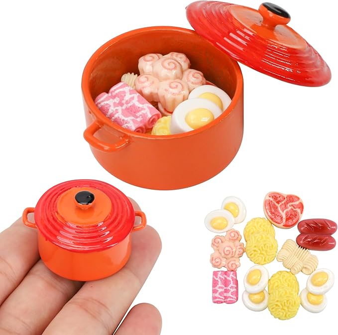 Miniature Cooking Pot & Food Set, 1/6 Dollhouse Cookware Pots & 10 Random Hot Pot Food Items, Kitchen Accessory Utensils, Minature Dutch Oven Stock for House Scene Model Decoration Accessories