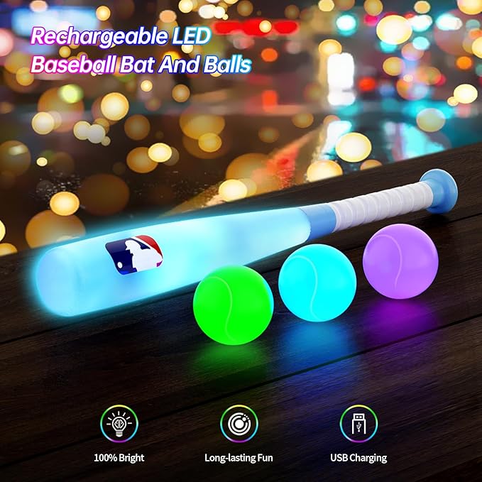 LED Tball Set for Toddlers 3-5, 5-8, Light up Tee Ball Set for Toddlers, Glow in The Dark T Ball Set for Kids 3-5, Kids Outdoor Toys Baseball Toys Gifts for Boys Girls (Blue)