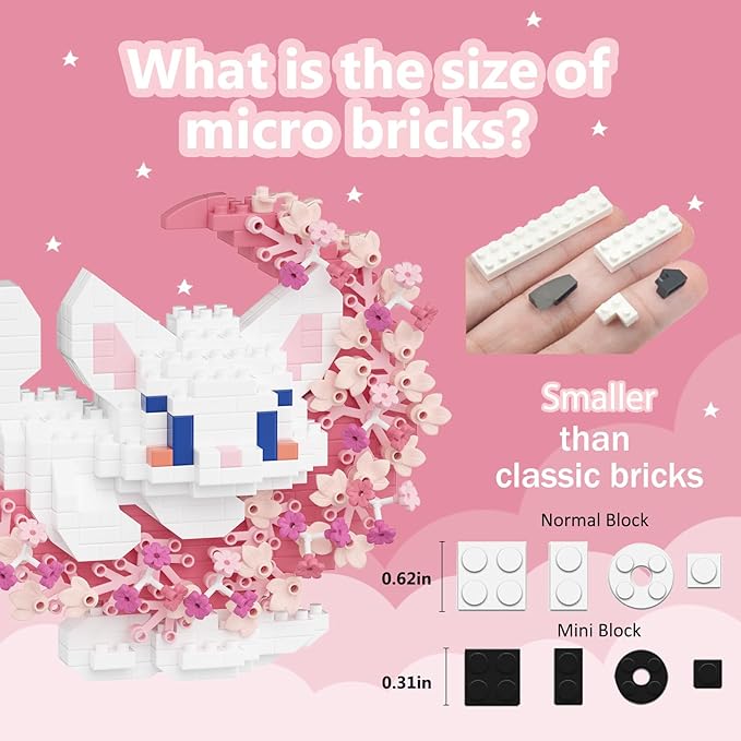 2 in 1 Mini Building Block Set Animals with Flower and Moon, Micro Brick Toy Cats, Creative Art Craft and Home Decor, Birthday Gifts Idea for Adults