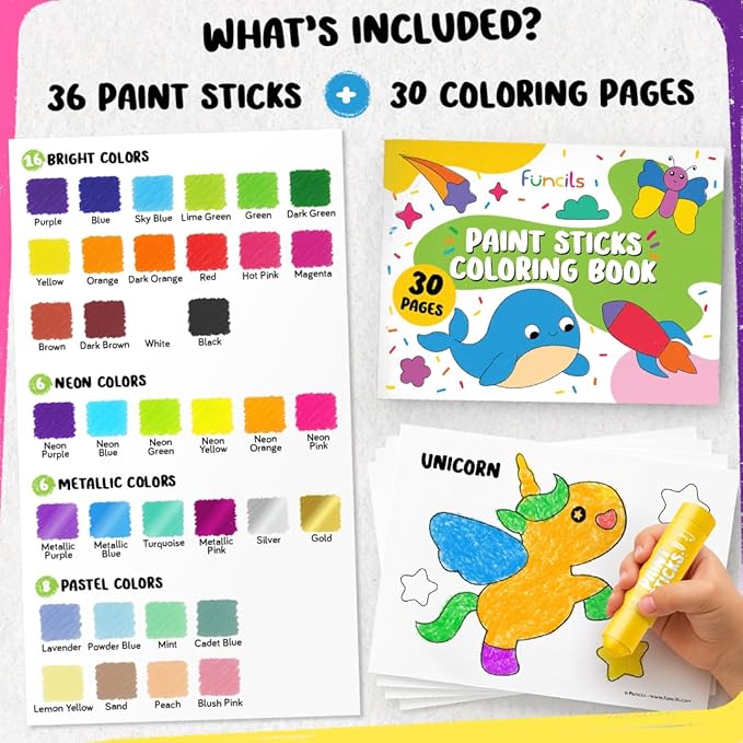 36 Washable Tempera Paint Sticks for Kids with Coloring Book | Non-Toxic Markers for Toddlers 1-3 | Works on Paper, Canvas, Wood, Cardboard - Craft, Art Supplies for Kids 3-5, Painting Crayons