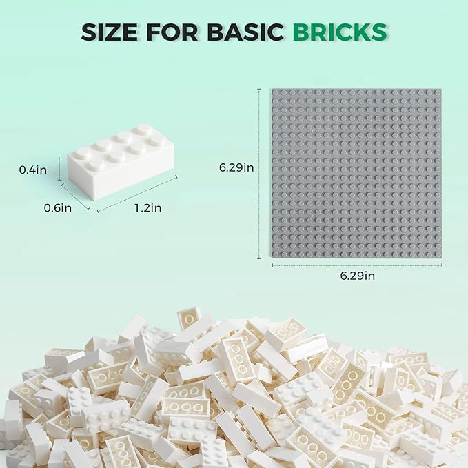 500 Piece Classic Building Bricks and 1 Gray Baseplate, 2x4 Bricks Bulk Creative Building Toys, Blocks Bulk for Kids Ages 6+, White(Small Bricks, 1.25x0.62x0.47 in)