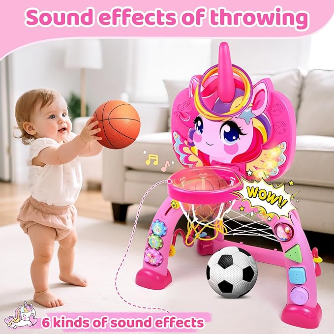Marstone Toys for 1 Year Old Girl Gifts: Toddler Basketball Hoop and Soccer Goal with Sound and Music, Educational Sport Toys for Kids 1-3, 1st First 12-18 Month Birthday Present