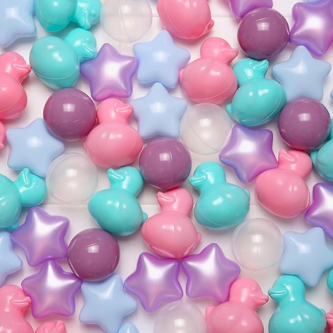 TRENDPLAY Ball Pit Balls Shapes Pastel, Duck Star Shape Non Toxic for Toddlers Kids Baby Girls Boys Dogs Soft Play,Party, 50 100 200